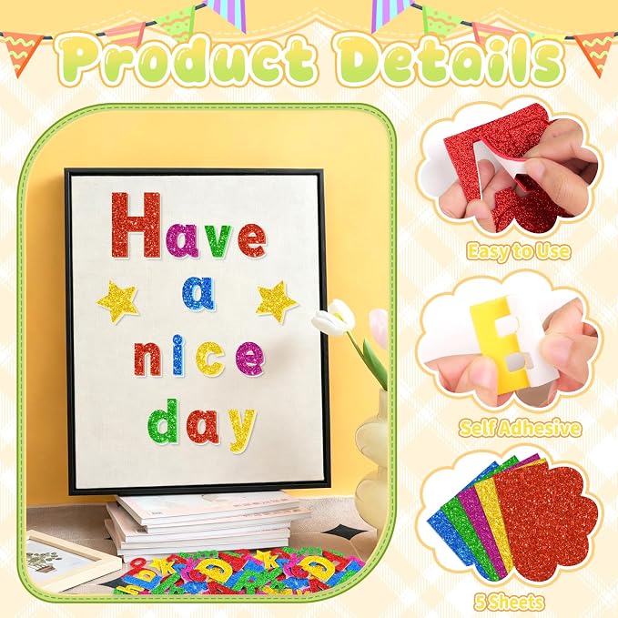 Glitter Foam Letter Stickers 335 Pcs Self-Adhesive Uppercase & Lowercase ABC - Image 3