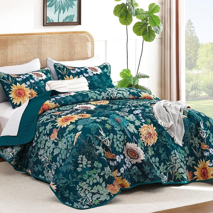 Yiran Peacock Green King Size Quilt, Sunflower Floral Bedspreads Bedding Set - Image 7