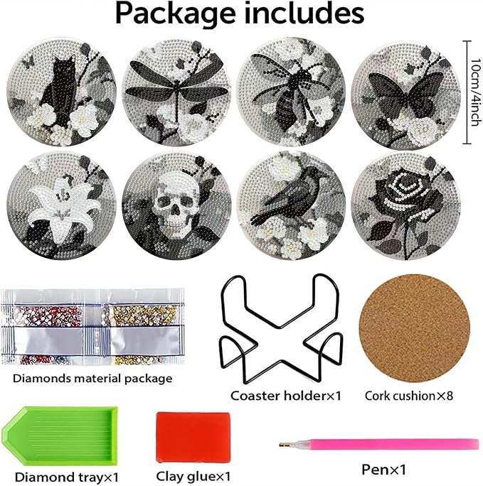 Clendo 8 Pcs Gothic Diamond Art Coasters Kit - Image 2