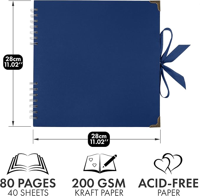 Bstorify Square Scrapbook Photo Albums 80 Pages Blue Thick Paper, Ribbon Closure - Image 2