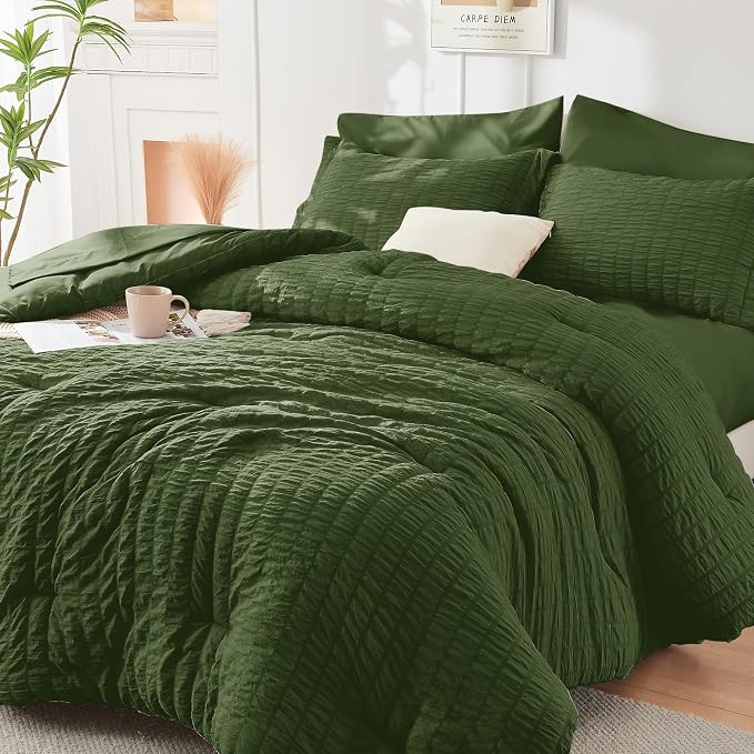 HYMOKEGE Olive Green Twin Comforter Set Seersucker 5 Pieces, All Season Luxury by HYMOKEGE