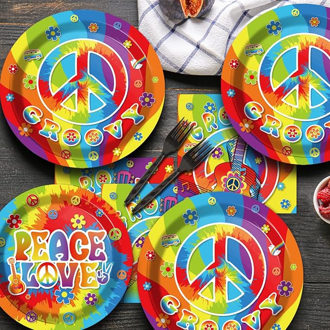 200pcs 60's Hippie Party Plates Napkins Groovy Paper Tableware Set Tie Dye Cake - Image 6
