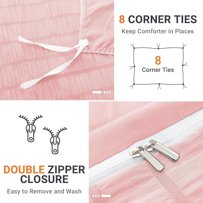 HYMOKEGE Pink Duvet Cover Queen Size, Ultra Soft 3-Piece Seersucker Duvet Cover - Image 4