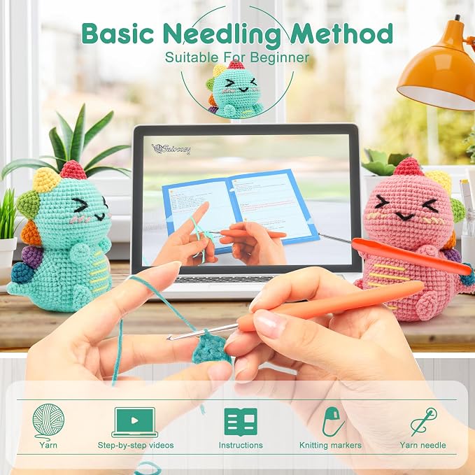 Faircosy Dinosaur Crochet Kit for Beginners: 2PCS Crochet Animal Kits for Adults - Image 3