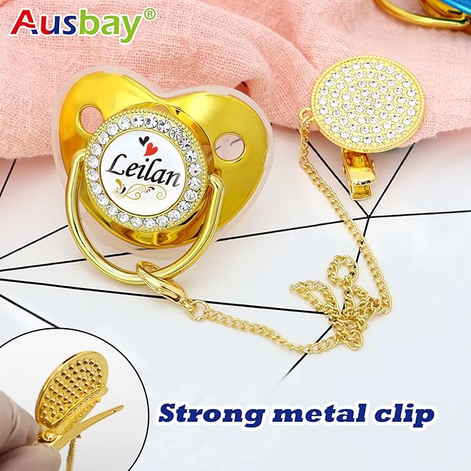 Personalized Pacifier Set with Name, BPA Free, Bling Gold Silver Pink Rose Gold Luxurious Ideal Gift for Newborns (Black)