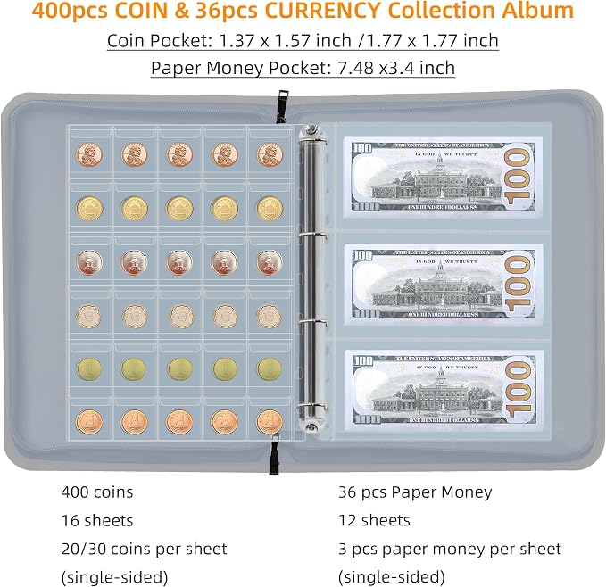 400-Pocket Fireproof Coin Collection Book & 36 Paper Money Organizer Binder | - Image 3