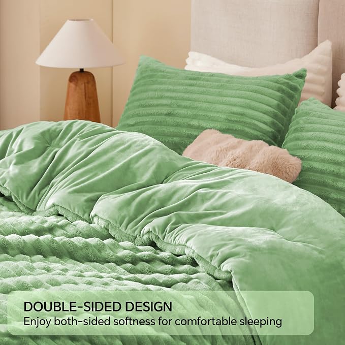 BEDELITE Fleece King Comforter Set -Super Soft & Warm Fluffy Green Bedding - Image 5
