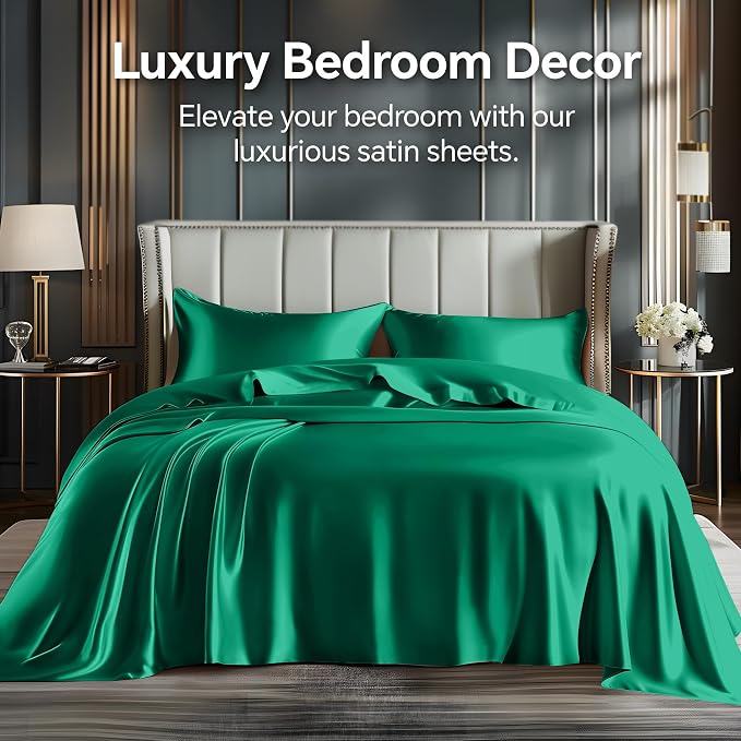 BEDELITE California King Sheets Set, Luxury Soft Dark Green Satin Sheets - Image 2