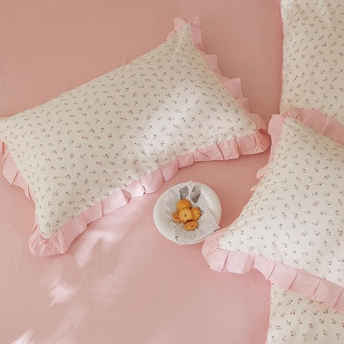 mixinni Pink Floral Duvet Cover Set King Size – 100% Cotton Ruffle Lace Bedding - Image 5
