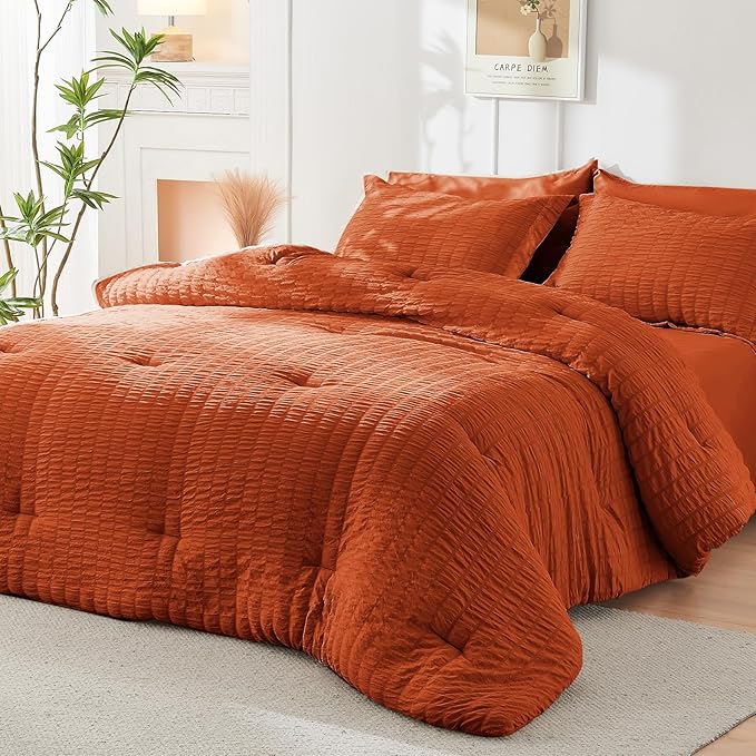 HYMOKEGE Burnt Orange Full Size Comforter Sets Seersucker 7 Pieces, All Season - Image 7