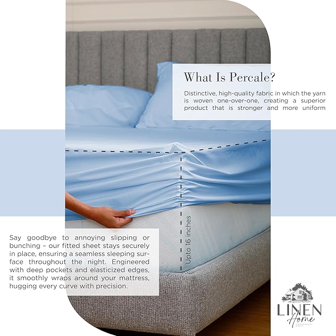 Linen Home 100% Cotton Percale Sheets Twin Size, Baby Blue, Deep Pocket - Image 4