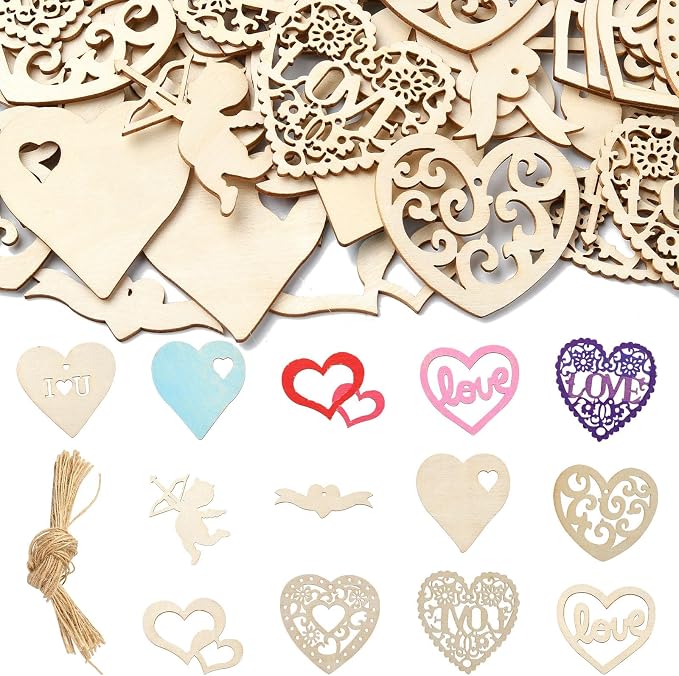 45 pcs Mixed Styles Heart Theme Unfinished Wood Cutout Charms Love Sweet Wood by Gythara