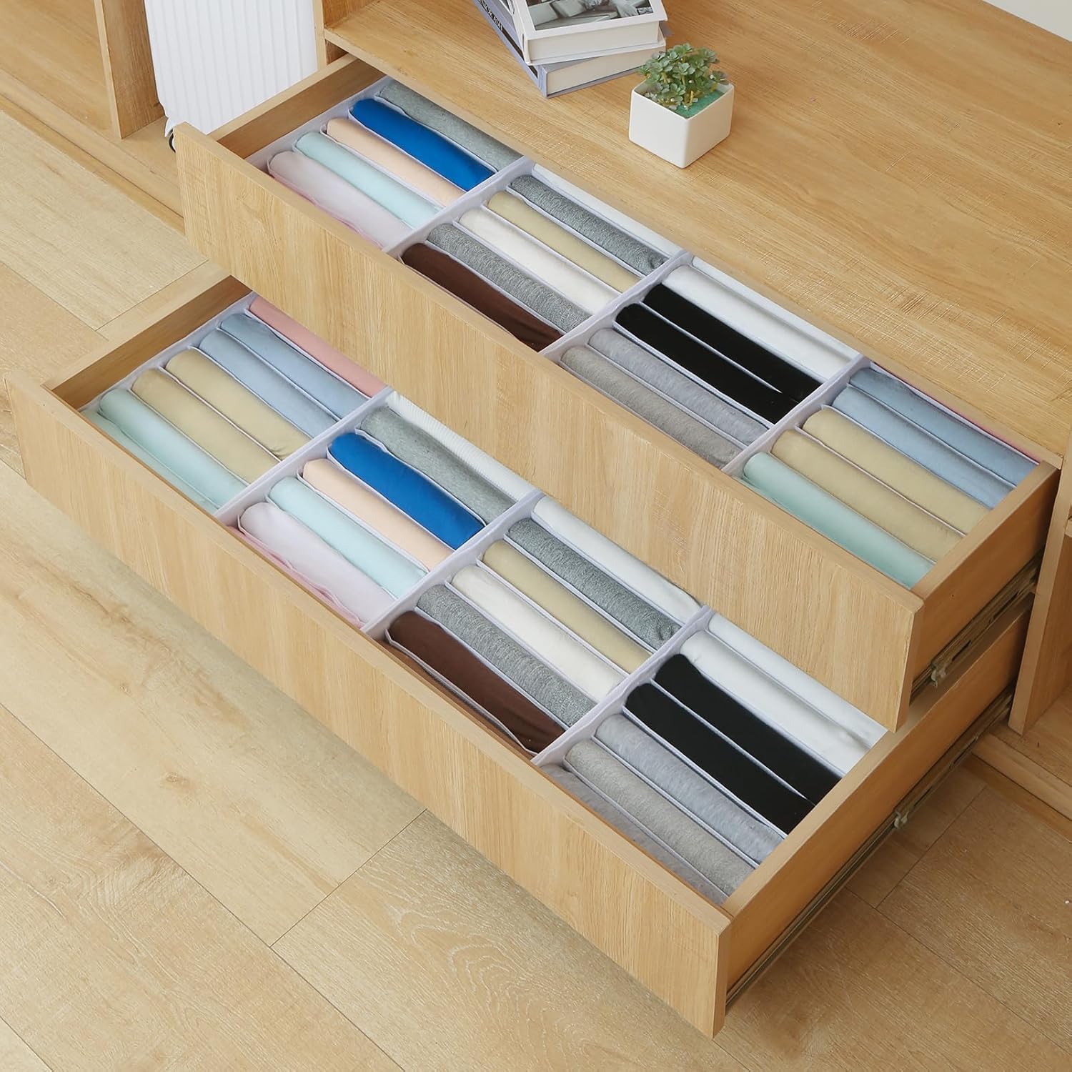 Qozary 4 Pack Drawer Organizers for Clothing, 8 Grids Foldable Closet Organizers and Storage Bins for Bedroom, Dresser Organizer Boxes for Thin T-shirts, Tank Tops