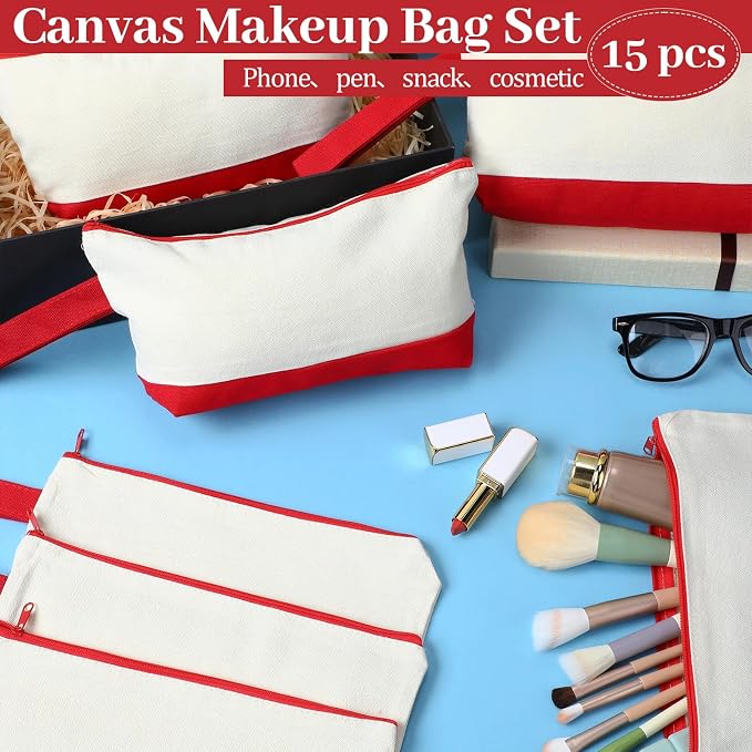 Silkfly 15 Pcs Cotton Canvas Makeup Bags Cosmetic Zipper Bags 10.2 x 5.5 x 2'' - Image 5