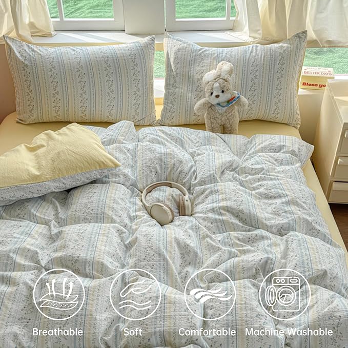 BOLINLIVING Vintage Floral Duvet Cover Full Size, Reversible Blue Striped - Image 3
