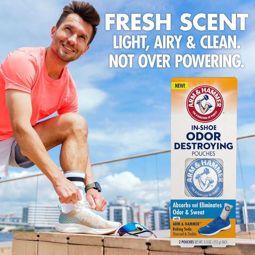 Arm & Hammer In-Shoe Odor Destroying Pouches, Shoe Deodorizer Insert for Reducing Odor and Absorbing Moisture, Smell Eliminator for All Footwear, Gym Bags and Work Boots (2 Pairs)