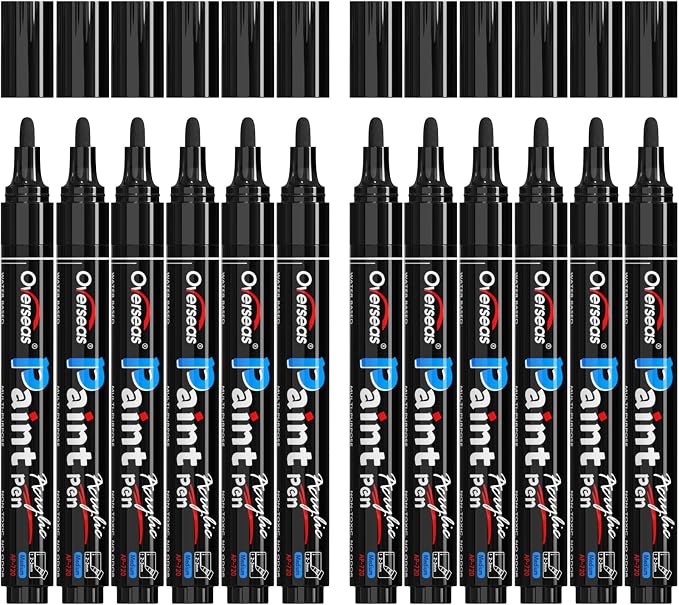 Overseas 12 Pack Black Acrylic Paint Pens Permanent Markers, Medium Tip | by Overseas
