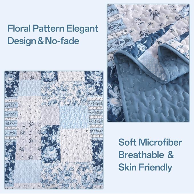 Anibedding Blue Patchwork Quilt Set King Size Boho Floral Plaid Bedspread - Image 4