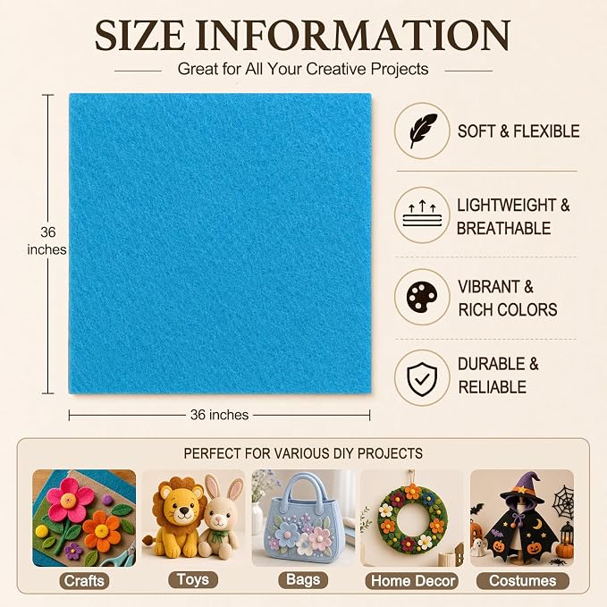 Sky Blue Large Felt Fabric 36" x 36", 1.4 mm Soft Felt Sheet, Nonwoven Fabric - Image 3