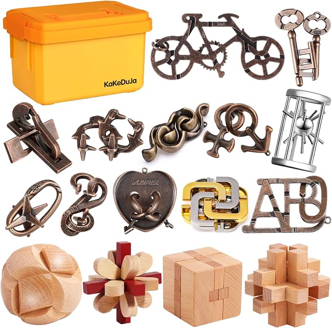 16 PCS Metal & Wooden Brain Teaser Puzzle Set – Challenging Logic & Ring Puzzles by KakeDuJa