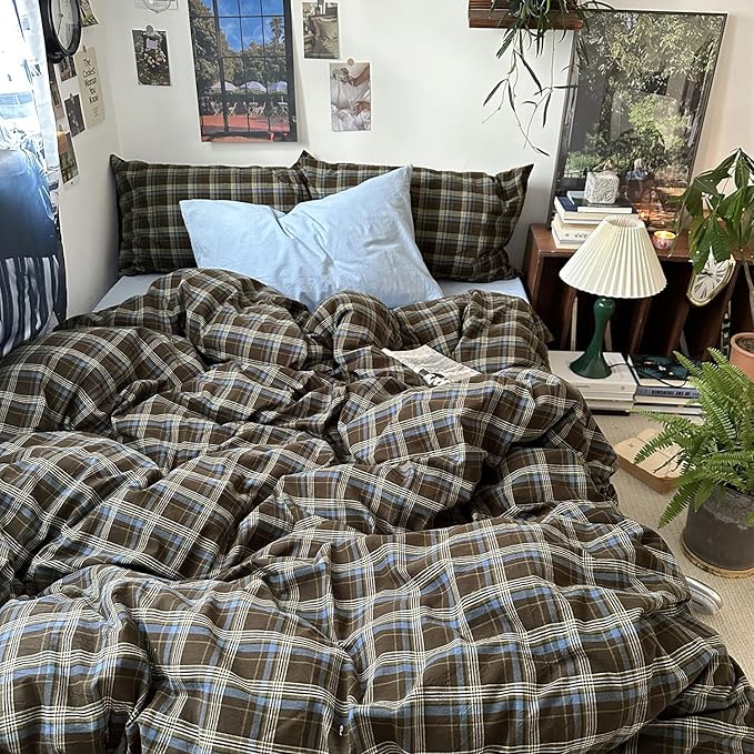 mixinni Vintage Brown & Blue Buffalo Plaid Duvet Cover Set Twin Size - Image 2