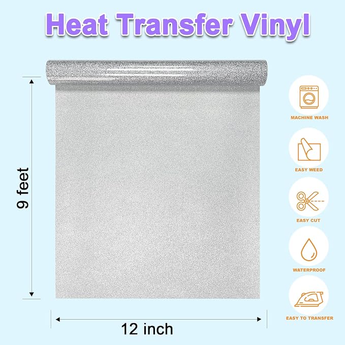 DUEUIOE Silver Glitter HTV Heat Transfer Vinyl Roll - Image 3
