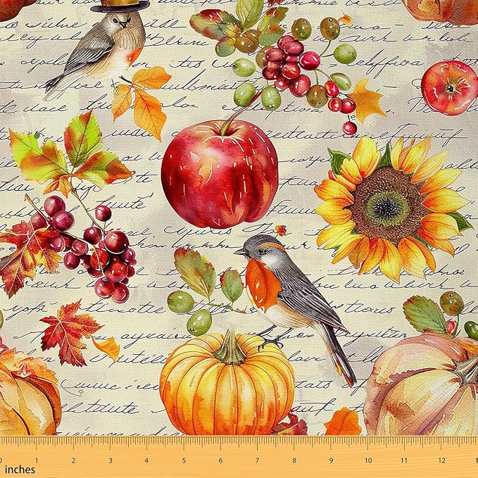 Rustic Autumn Pumpink Fabric by The Yard, Watercolor Birds Rustic Style Flannel by CastleFairy