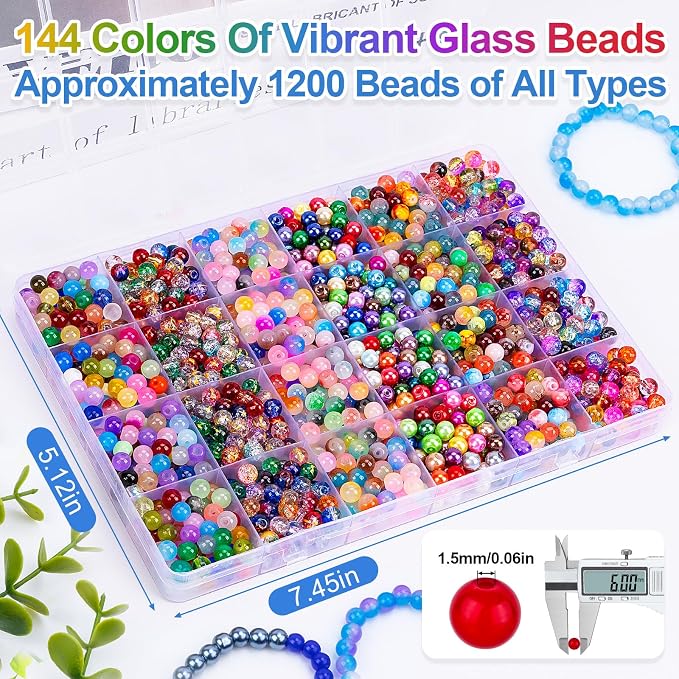 XSEINO About 144 Colors 1200PCS 6mm Glass Beads Bracelet Making Set, Colored - Image 3