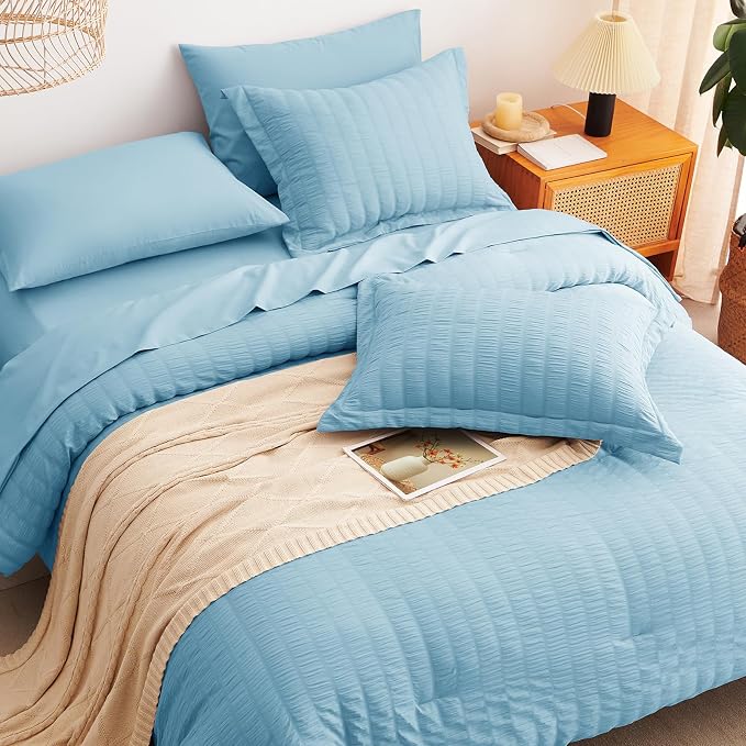 CozyLux Queen Comforter Set Sky Blue Seersucker 7 Pieces Bed in a Bag Queen - Image 6