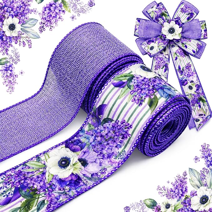 2.5 Inch Purple Floral Wired Edge Ribbon, Decorative Fabric Craft Ribbon by YIPRONS