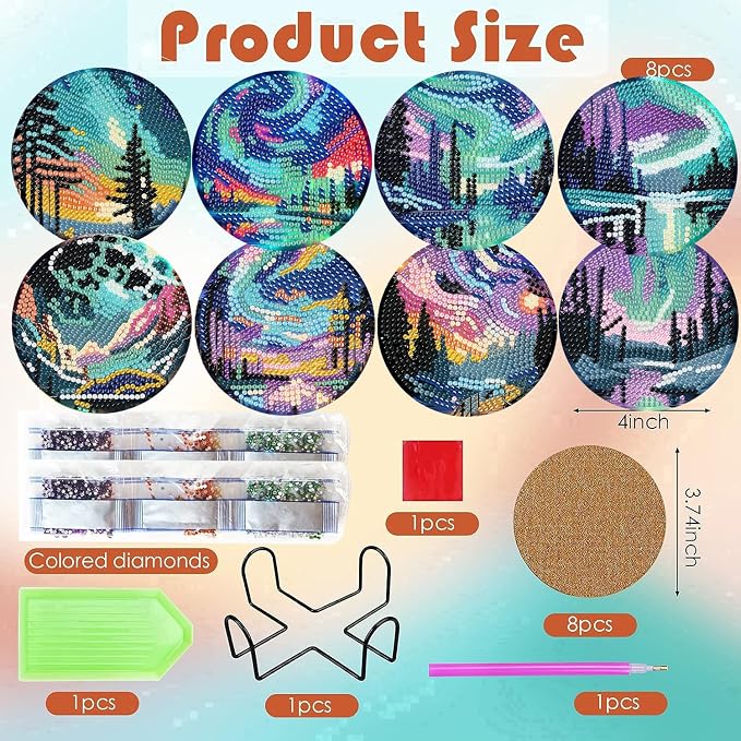 ijbnhd 8 Pcs Aurora Diamond Art Coasters Kits Landscape 4x4 inch | Diamond - Image 3