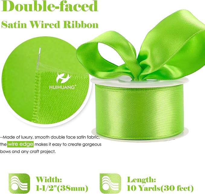 HUIHUANG Lime Green Wired Ribbon 1-1/2 inch Lime Green Satin Wire Ribbon - Image 2