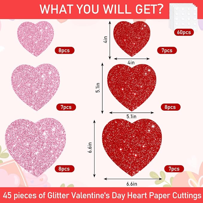 JarThenaAMCS 45Pcs Valentine' s Day Paper Cutouts Red Pink Glitter Heart Shape - Image 2