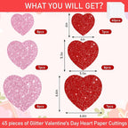 JarThenaAMCS 45Pcs Valentine' s Day Paper Cutouts Red Pink Glitter Heart Shape - Image 2