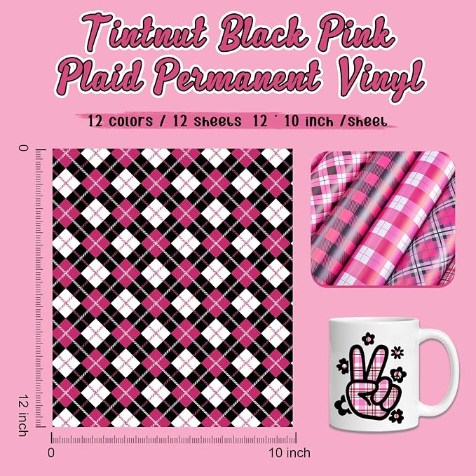 Tintnut Black Pink Plaid Permanent Vinyl, waterproof, easy peel & stick - Image 2