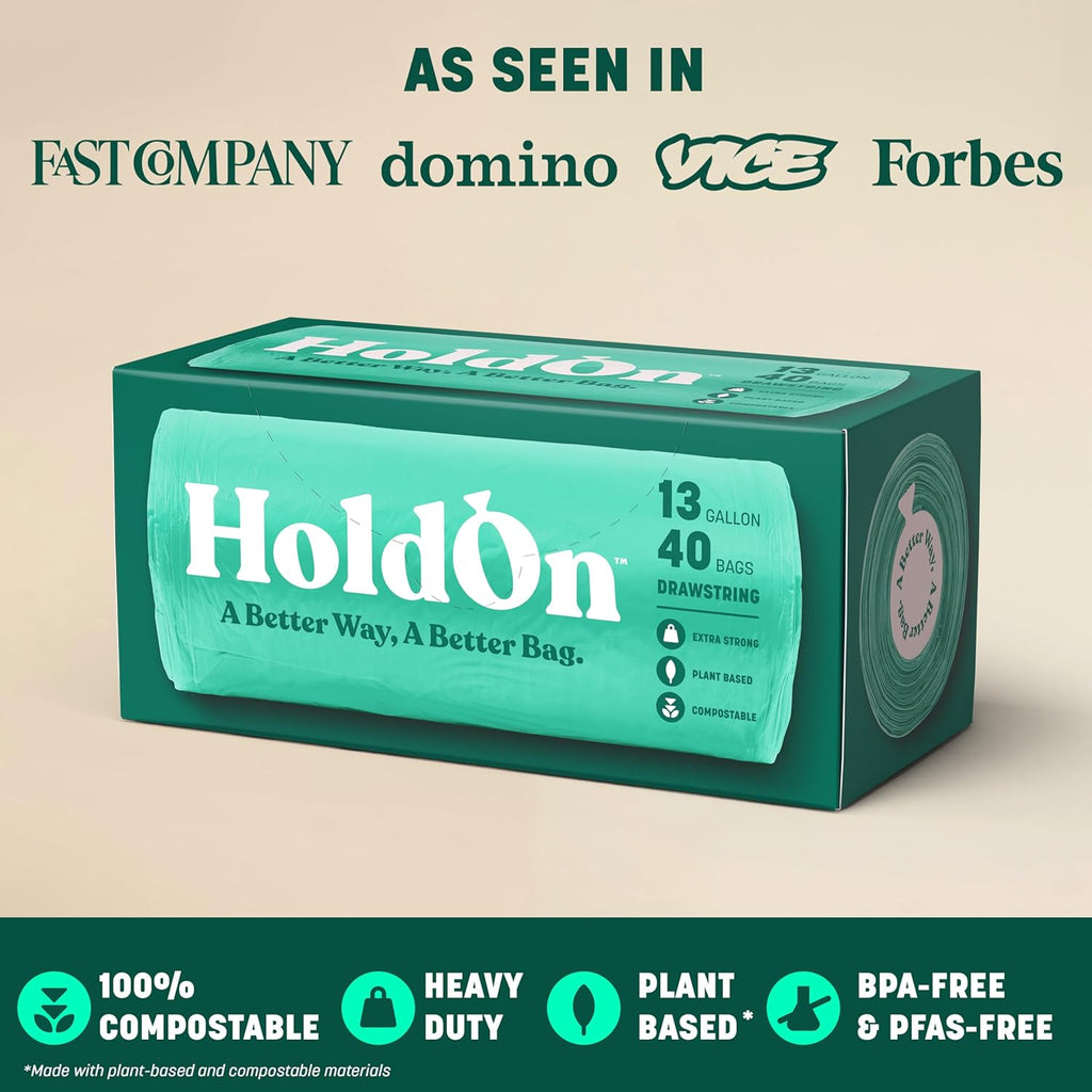 HoldOn 13-Gallon Trash Bags – Tall Kitchen Trash Bags with Drawstring Handles for Tall Trash Bins, Heavy-duty and Compostable, Large Trash Bags (40 bags, Pack of 2)