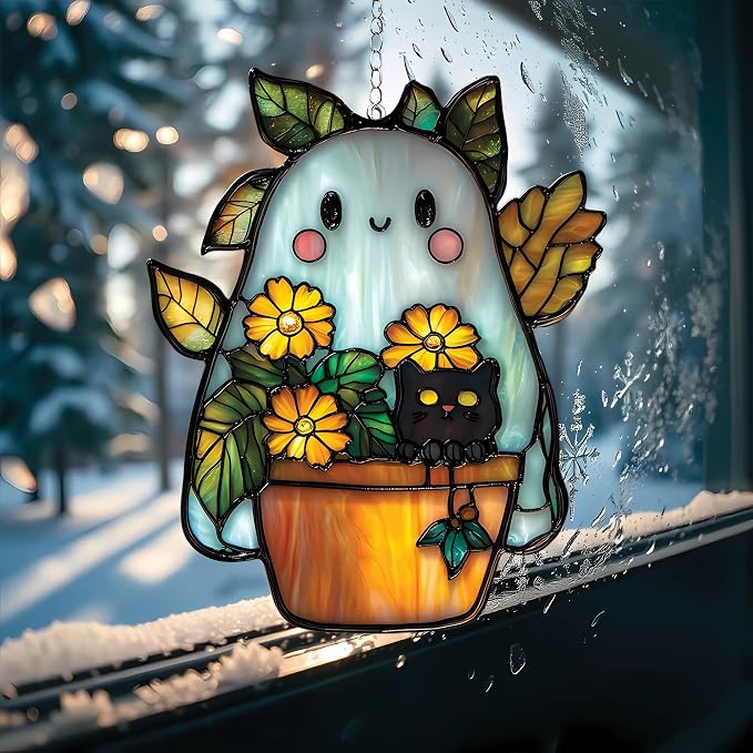 Cute Ghost Monstera & Cat Acrylic Suncatcher by Unknown