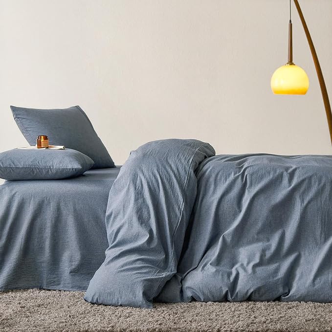 Wake In Cloud - Cotton Duvet Cover Set, King Size, Chambray Denim Blue - Image 4