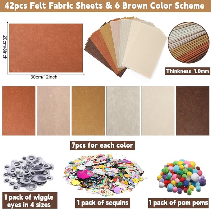 gisgfim 42Pcs Brown Felt Fabric Sheets Craft Kit 8 x 12 Inch Assorted Soft - Image 2