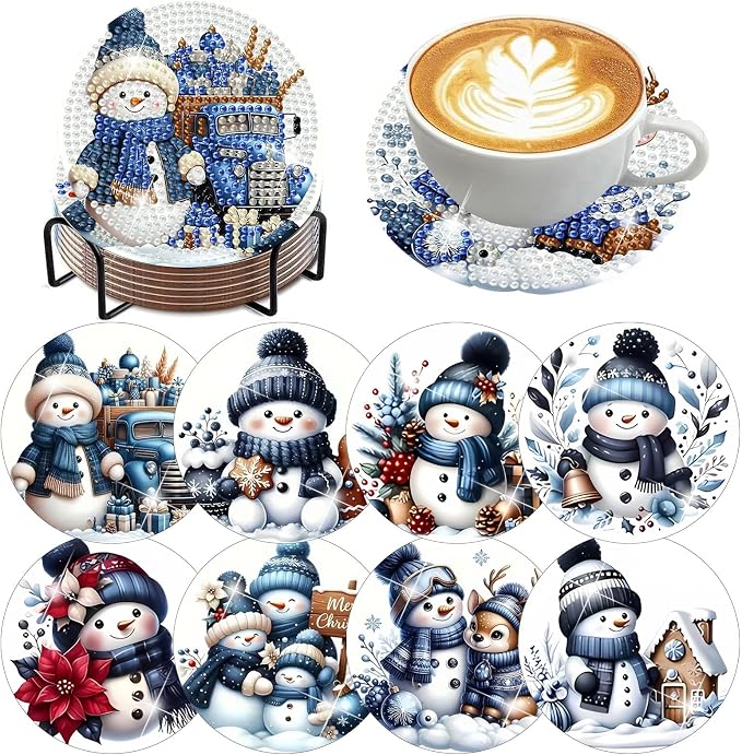 8 Pack Diamond Art Coasters, Christmas Snowman Diamond Painting Coasters | by Zythron