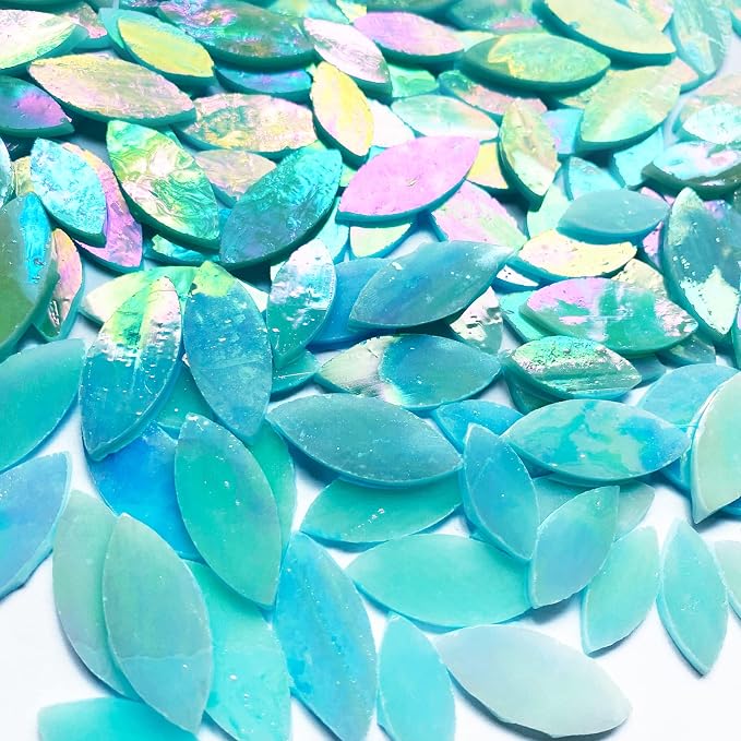 120 Pcs Iridescent Aqua Mosaic Tiles, Hand Cut Stained Glass Petals, Floral - Image 6