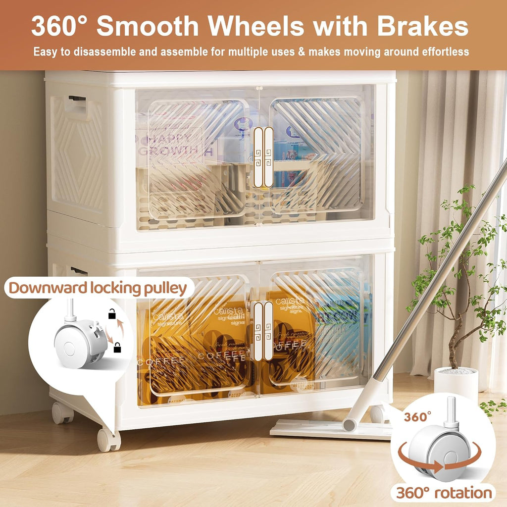 Storage Bins with Lid 120QT, Stackable Storage Containers with Wheels and Magnetic Doors, Plastic Clothes Closet Organizers and Storage Box for Pantry, Home and Office (4 Pack)