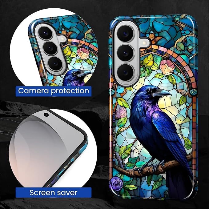 for Samsung Galaxy S26 Case, Crow Faux Stained Glass Pattern Glossy 2 in 1 - Image 5