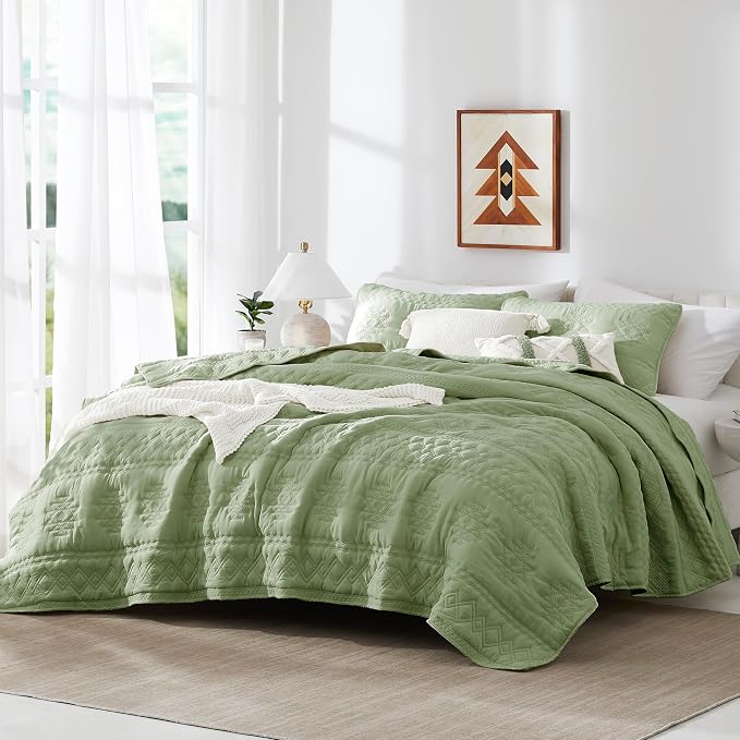 WDCOZY Boho Sage Green Quilt King Size Bedding Sets - Image 2