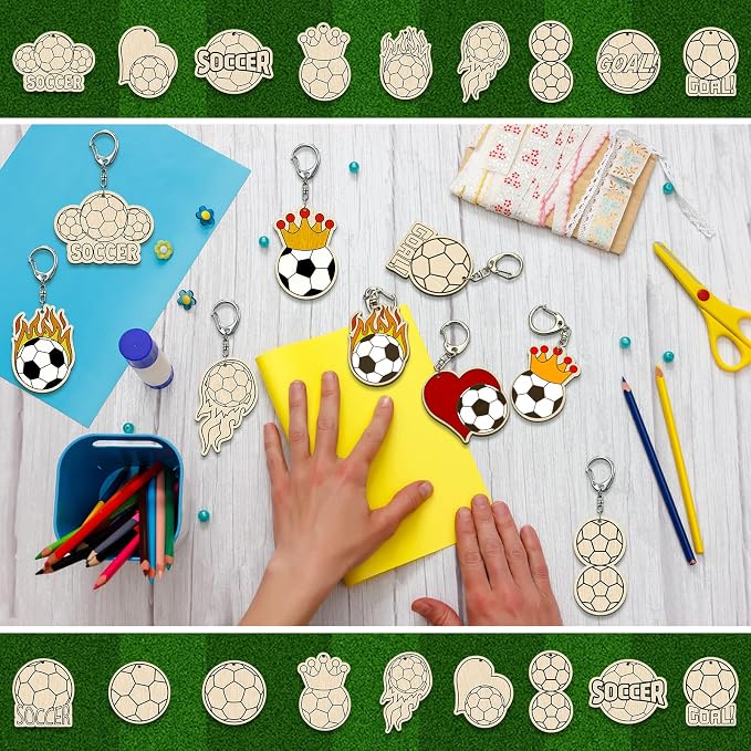 RattanView 24 Pcs Soccer Craft Color Your Own Keychains Diy Craft Wooden Blank - Image 7
