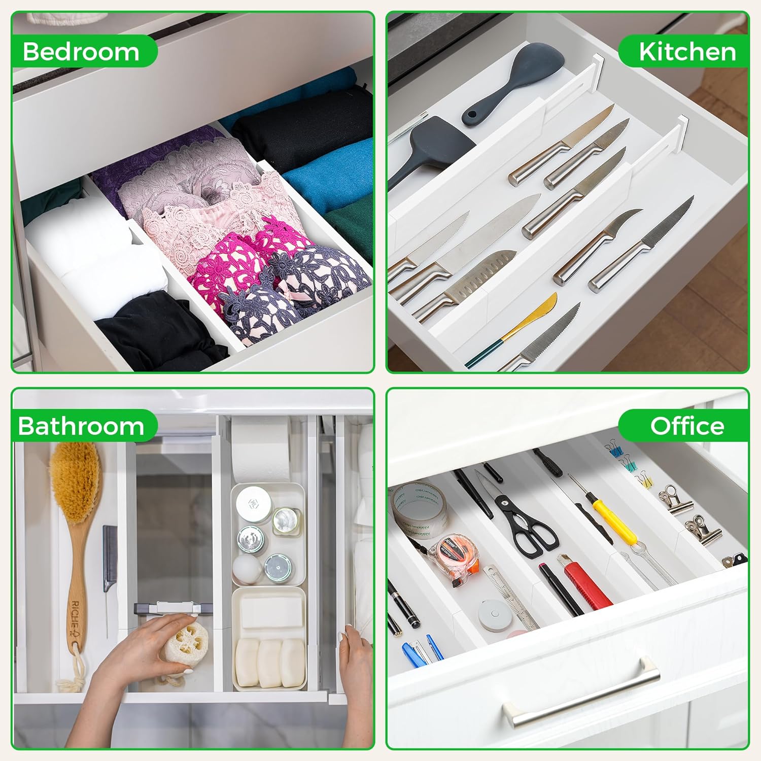 Bamboo Drawer Dividers Organizer with Inserts, Expandable from 12.5-21.7", Adjustable Drawer Organizer Separators for Utensils, Dresser, Bedroom, Bathroom, Closet, Clothing, Office (White)