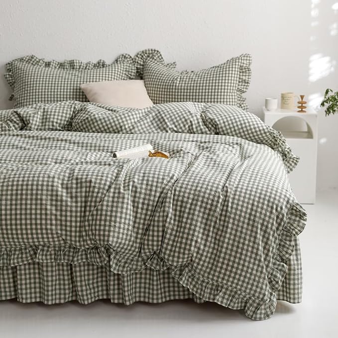 mixinni Green Gingham Ruffle Duvet Cover Full Size 3 Pieces – 100% Washed Cotton by mixinni
