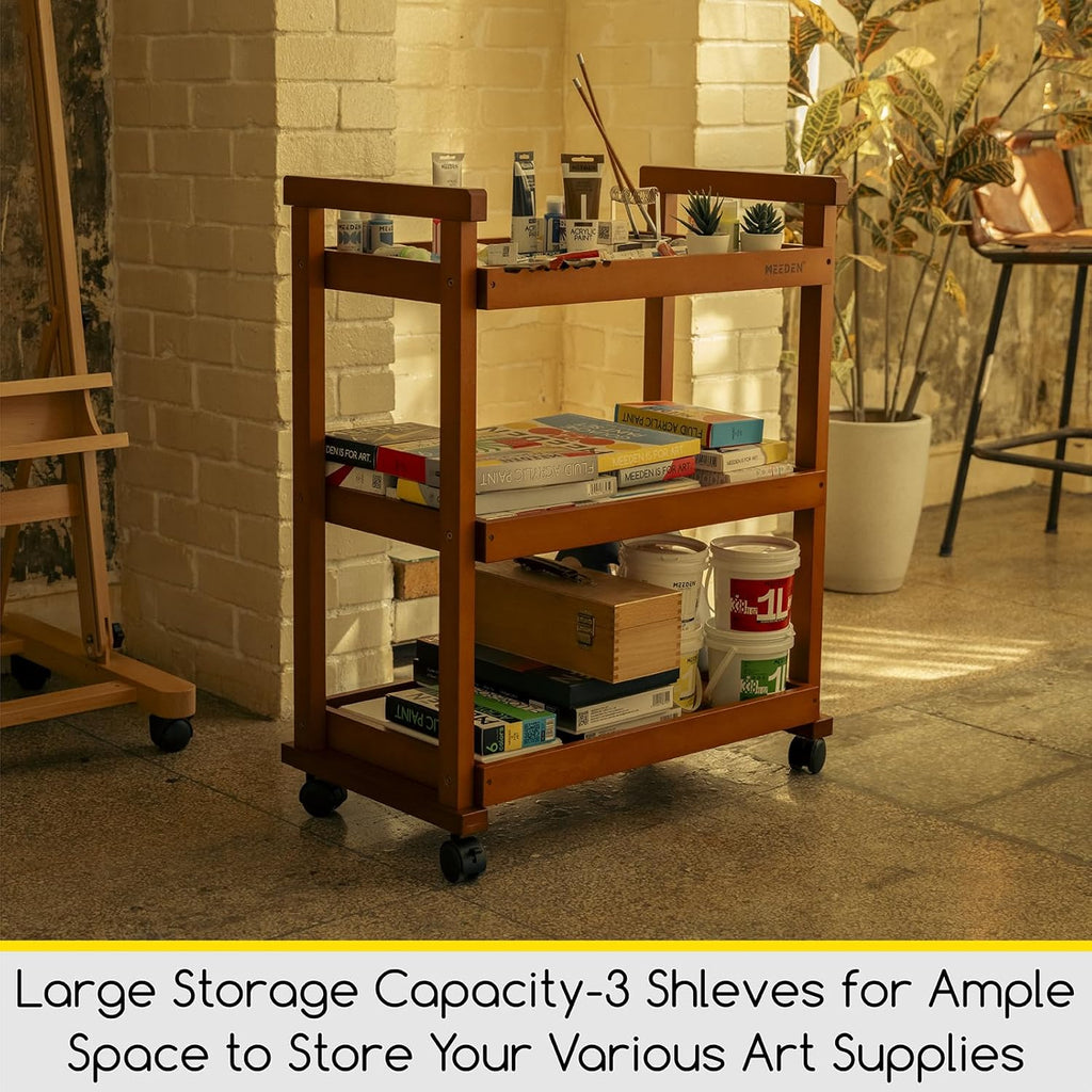 MEEDEN Art Supplies Cart, Walnut 3-Tier Multifunctional Art Storage Cart Organizer, Solid Beech Wood Studio Cart Art Taboret with Caster Wheels, Rolling Utility Cart Organizer for Artist