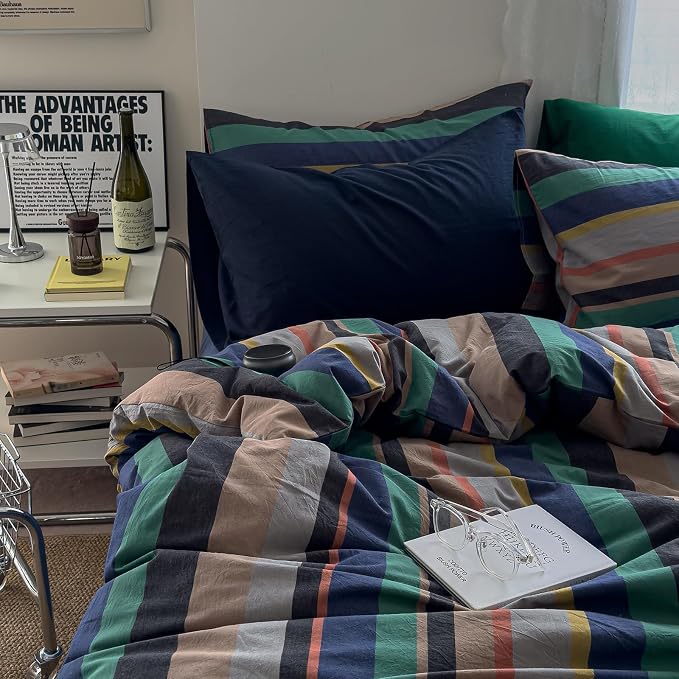 mixinni Vintage Striped Duvet Cover Full 100% Washed Cotton Bedding Set Retro - Image 5