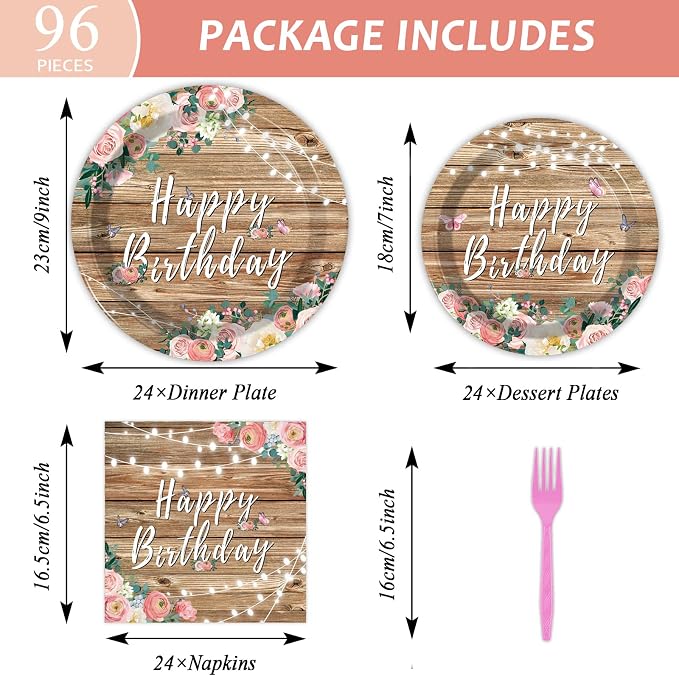 96PCS Spring Floral Birthday Party Plates Wood Grain Pink Flower Rustic - Image 2